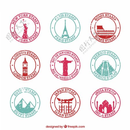 彩色圆形城市邮票图标