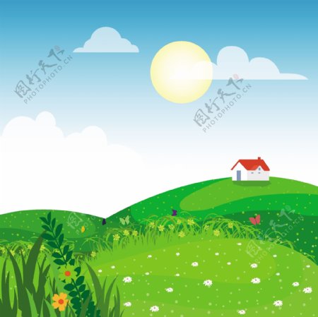 漂亮草地鲜花房子背景图