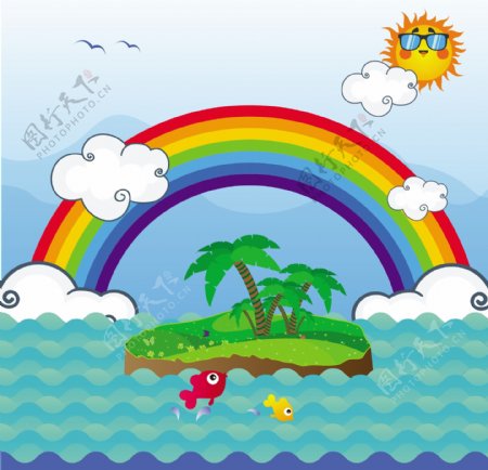 可爱海洋岛屿彩虹背景矢量图