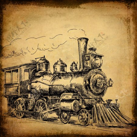 复古的火车头水墨画图片