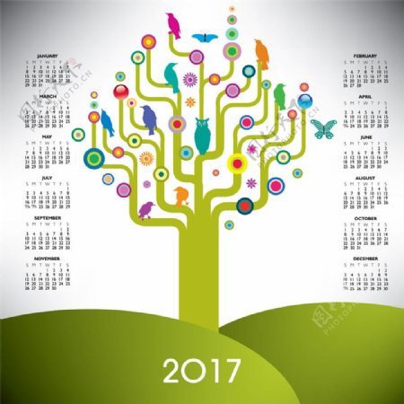 花纹小鸟绿树2017年日历图片