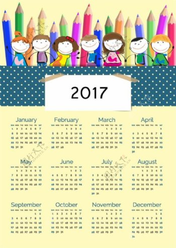 彩色铅笔儿童2017年日历图片