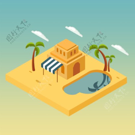伪3D沙滩小卖部沙漠风情椰子树倒影小插画