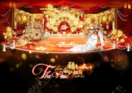 手绘金红色欧式宫殿大气婚庆场景设计