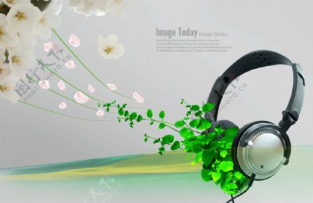 绿色植物与耳机花瓣PSD分层素材