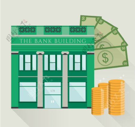 银行建筑及货币设计矢量素材