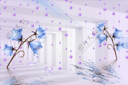 吊坠蓝色花朵3D电视背景墙