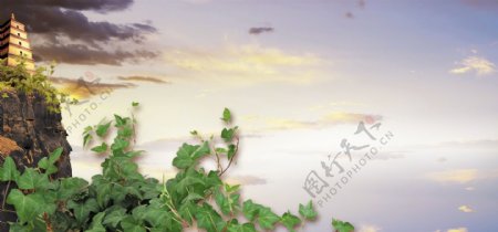 中国风石塔树木远山海报banner