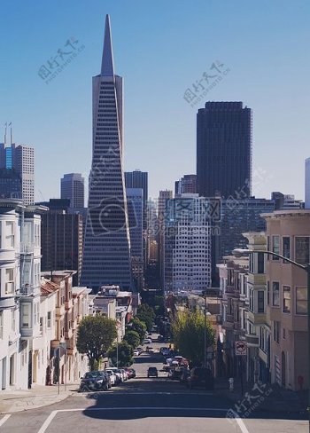 汽车道路天空房屋建筑物摩天大楼SAN旧金山透视市中心