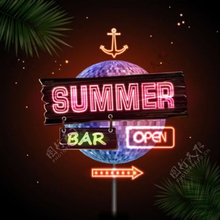 夏季沙滩酒吧霓虹招牌矢量素材下载