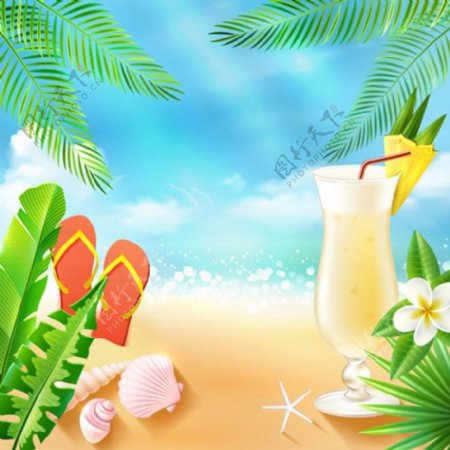夏日暑假沙滩饮料背景图