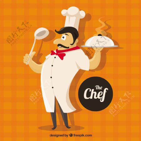快乐厨师角色插图橙色方格背景