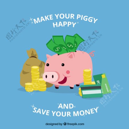 小猪存钱罐硬币钱袋蓝色背景