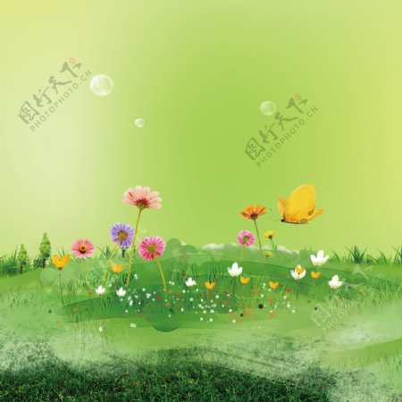青草花朵蝴蝶气泡渲染绿色背景