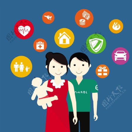 与人家庭保险概念插图和图标
