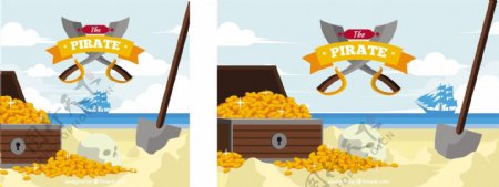 海盗箱子和金色硬币海滩背景
