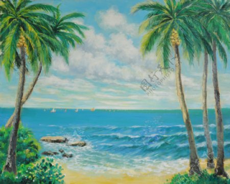 夏日海边油画图片