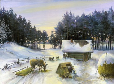 雪地上的木屋和牛油画图片