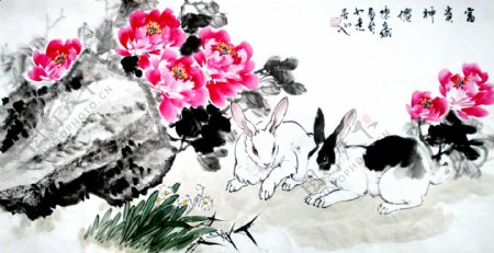 国画牡丹与兔子图片