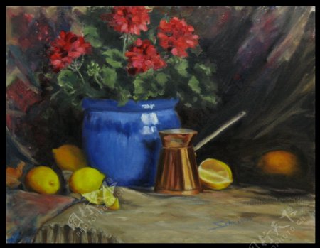 油画柠檬花瓶图片