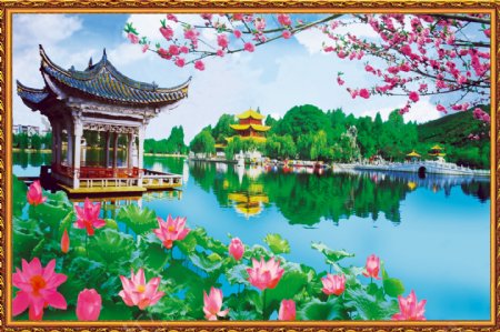 湖水风景中堂画图片