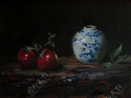 油画西红柿与陶瓷图片