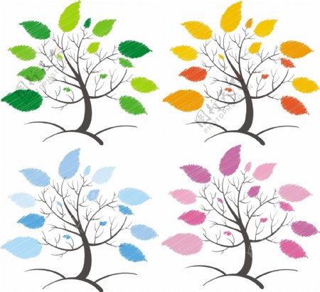 四棵不同颜色的抽象大树矢量素材