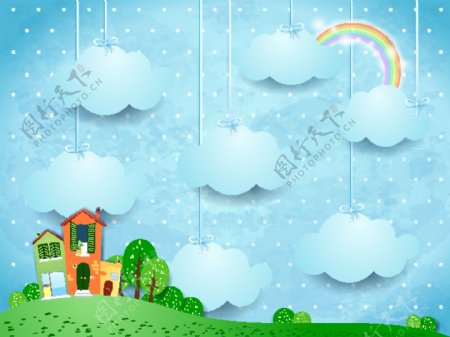 卡通可爱房屋彩虹飞机风景矢量素材