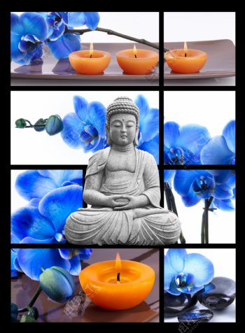 蓝色花朵和佛像蜡烛图片