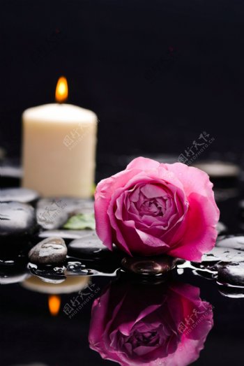 石头上的玫瑰花与蜡烛