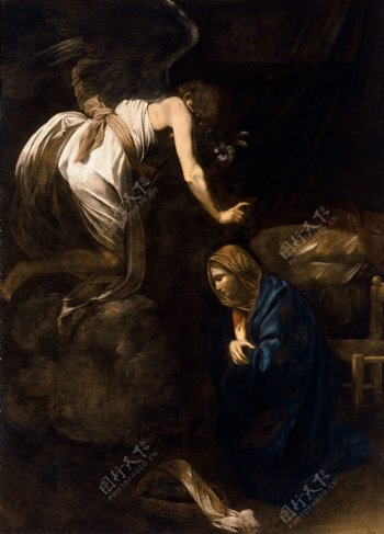 天使与祈祷的老人油画图片