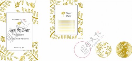婚礼卡片与金色的花卉主题元素
