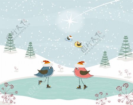 滑冰的卡通小鸟节背景