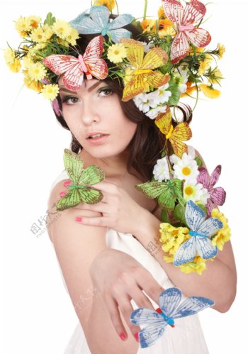 美容模特美女与蝴蝶鲜花图片