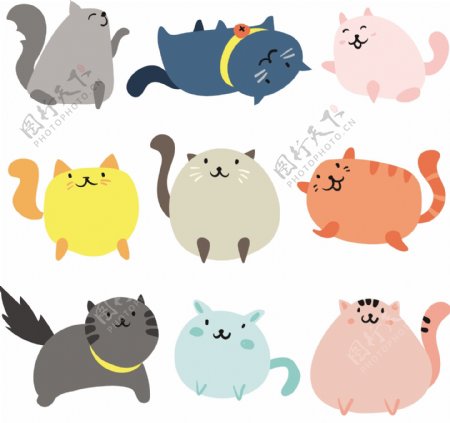 一组各种各样的彩色小肥猫卡通素材