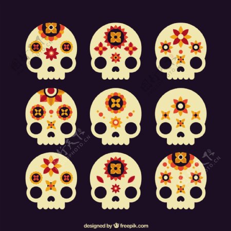 九个花卉装饰的头骨图标矢量素材