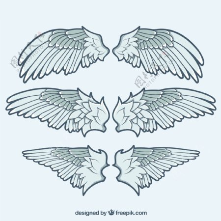三个手绘风格双翼翅膀平面设计素材