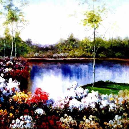 湖泊鲜花风景油画图片