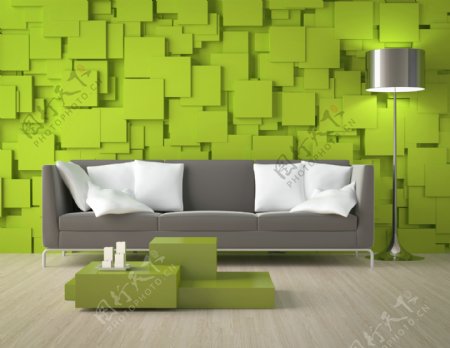 绿色背景墙与沙发图片