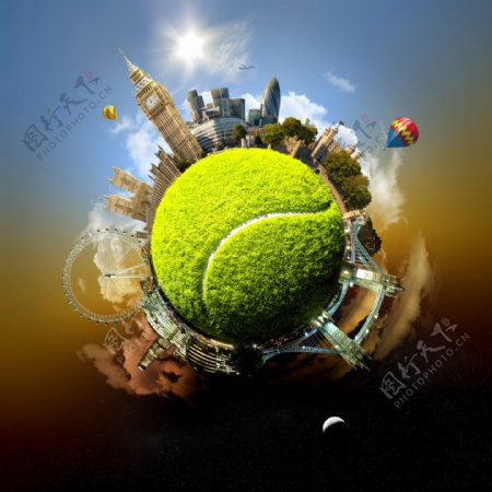 网球上的城市风光图片