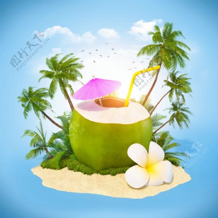沙滩上的椰子果汁背图片