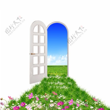 鲜花草地与打开的门