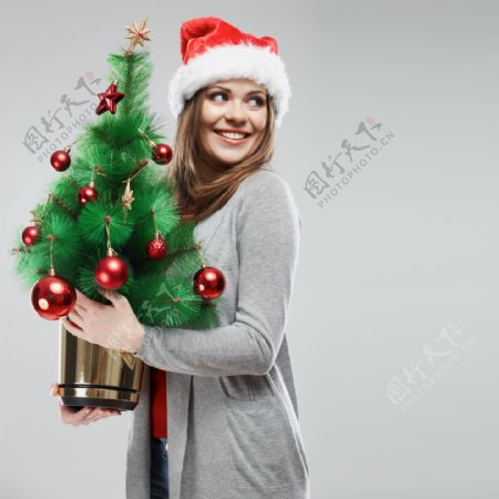拿着圣诞树的美女图片