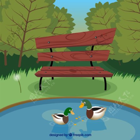 公园里有板凳和鸭子在湖里