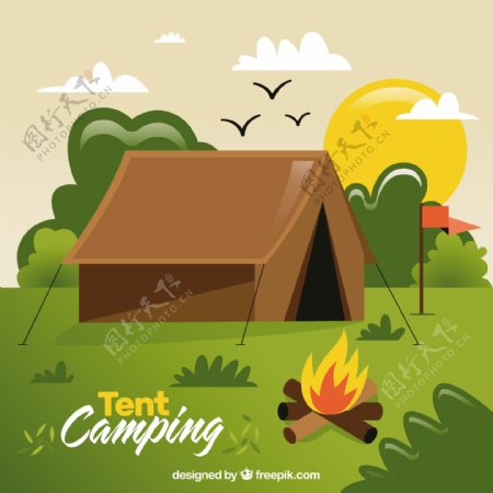 在森林里手绘棕色野营帐篷