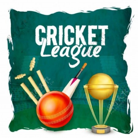 板球联盟海报横幅或传单设计与小门树桩蝙蝠球和黄金奖杯绿色球场背景