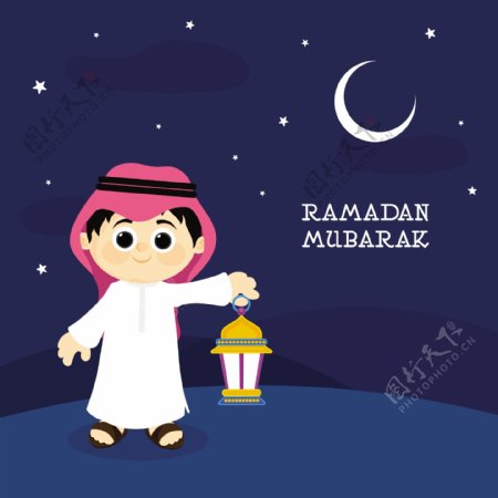 Ramadanmubarak背景与男孩拿着灯笼