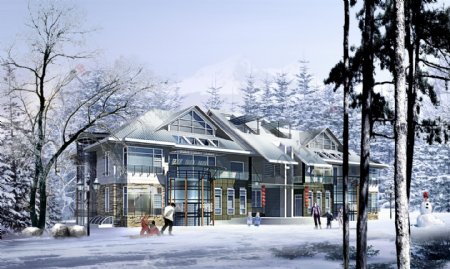 别墅雪景冬季景观效果图分层psd源文件0011