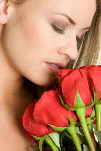 玫瑰花与性感美女图片
