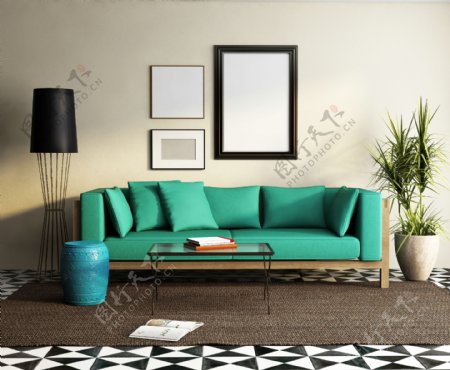 绿色沙发和壁画设计图片